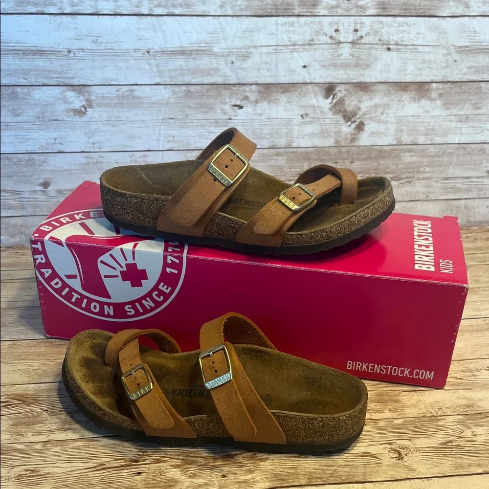 Birkenstock Brown Leather Sandals with Gold Buckles